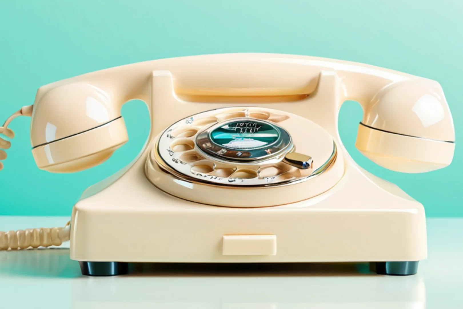Cream vintage rotary phone on teal gradient background
