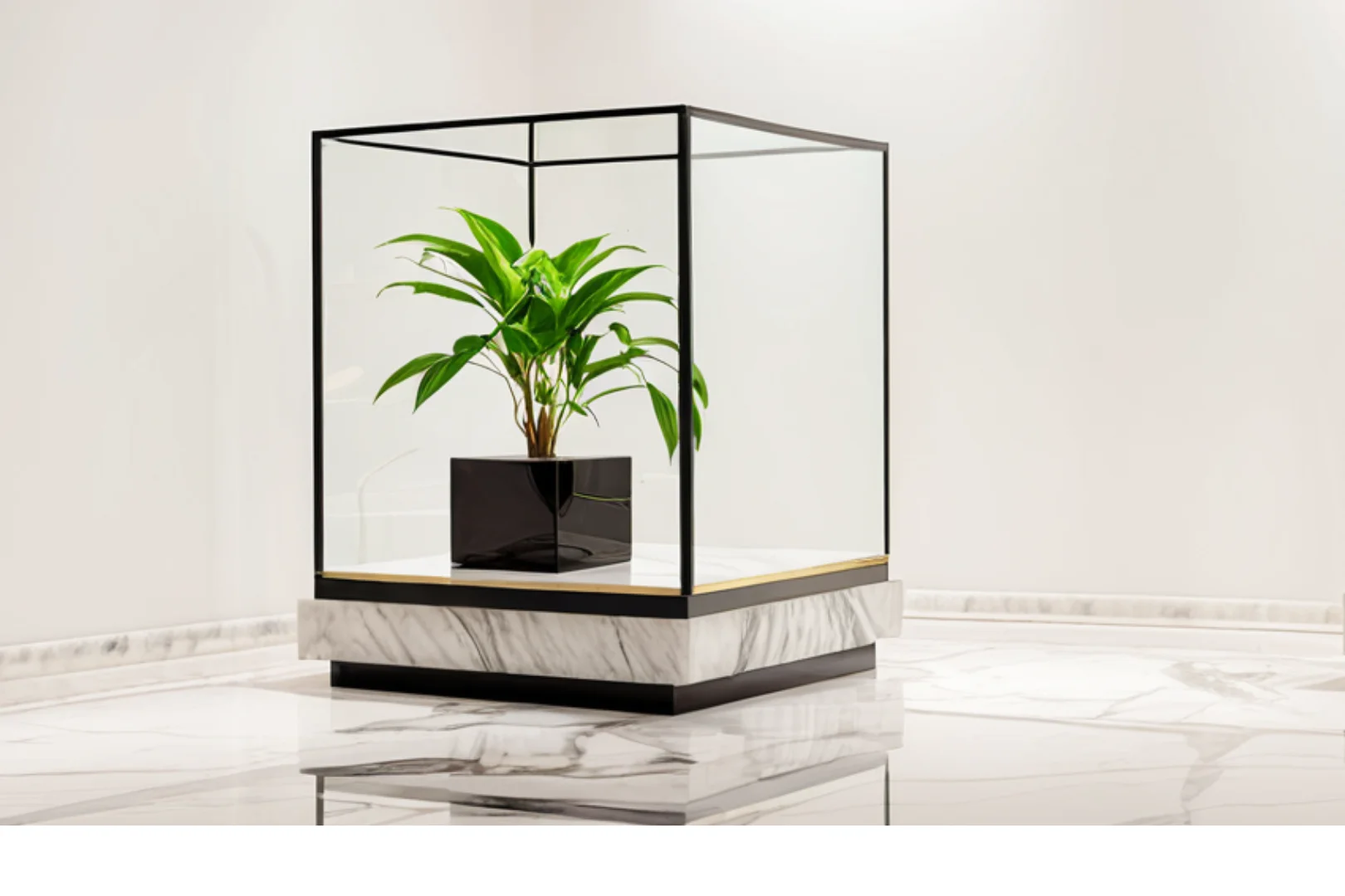 Premium glass display cases with plants in luxury gallery setting